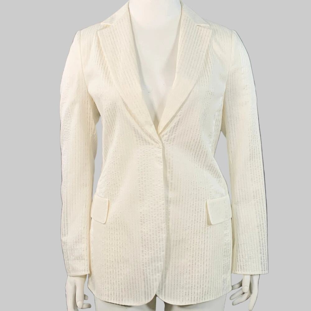 AKRIS Size 10 Natalia Off White Cotton Blend Sheer Textured Snaps Jacket Blazer
